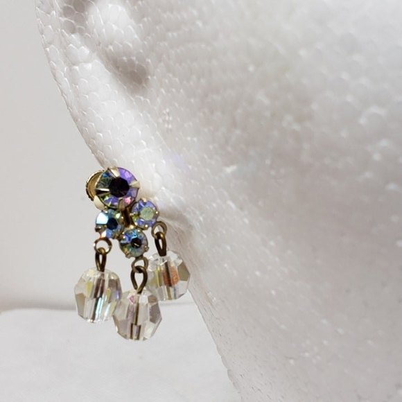 Vintage Crystal Tri-Bead Earrings, Wrap Bracelet Screw Back Gold Tone AB Rhines - Picture 2 of 11